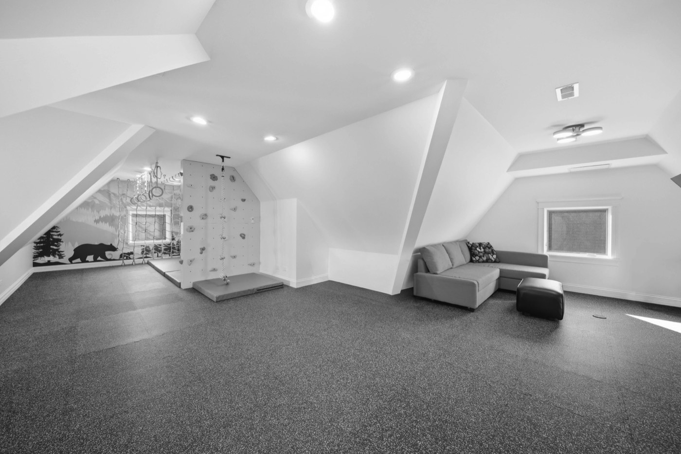 Attic playroom and gym with kids climbing wall, rings and rope, designed by CS Gym Design in Elmhurst IL